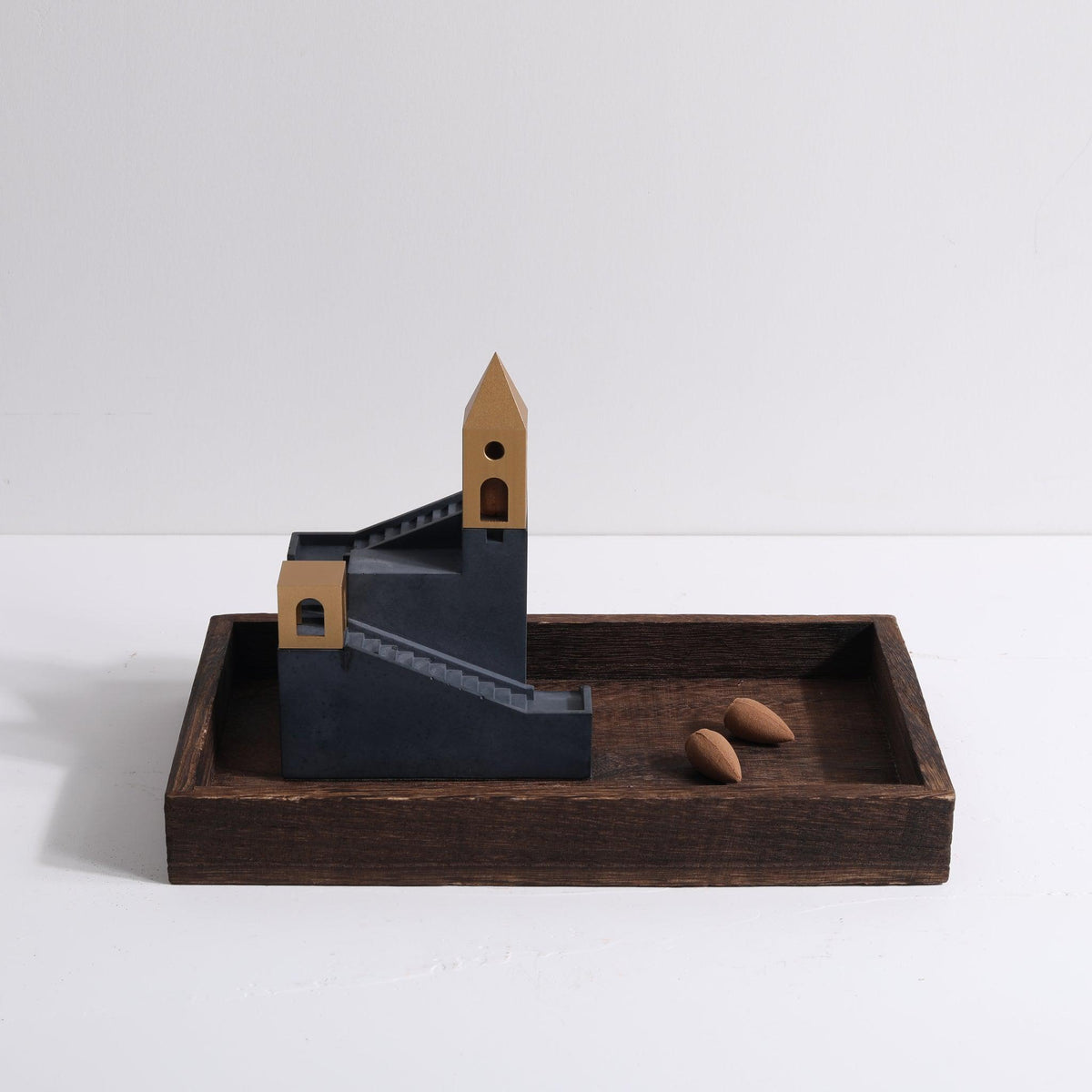 Cloud Keep Backflow Incense Burner by Kin Objects with Wooden Tray