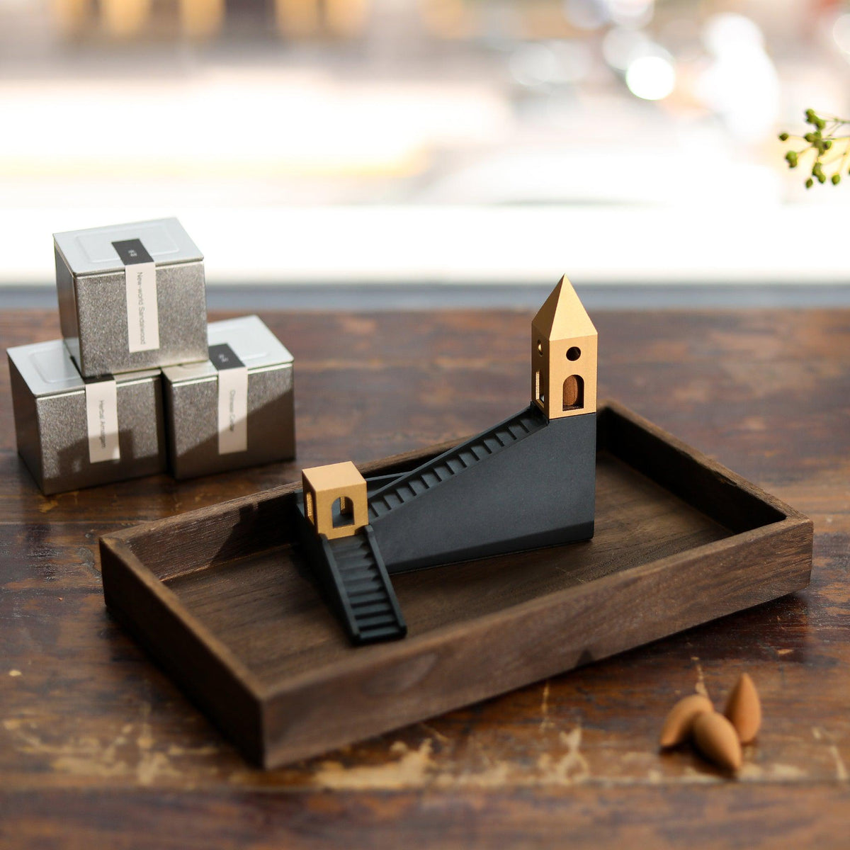 Wooden Tray with Cloud Stairs Incense Waterfall and Incense Cones Gift Set